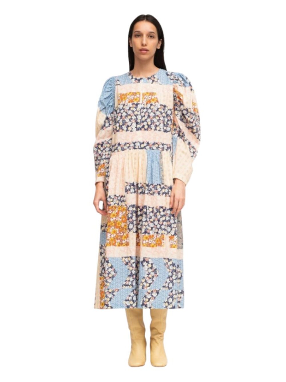 Sea NY Sydney Patchwork Midi Dress Womens Small Blue Pink Floral Crew Neck Boho